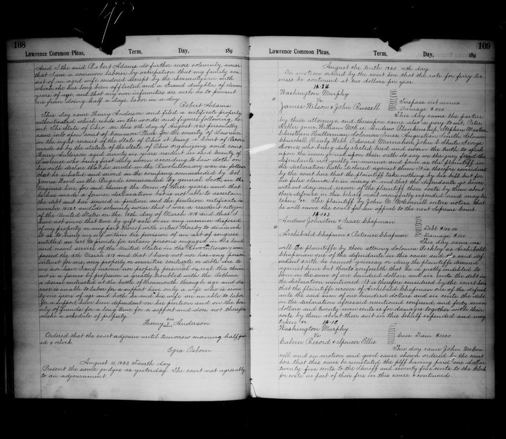 Robert Adams Rev. War Sworn Statement in Lawrence County, Ohio Court page 108