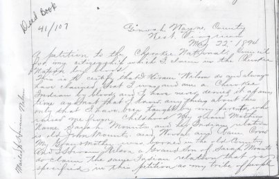 Cherokee National Council Citizenship Record of Hiram Wilson, Wane County, WV 1894