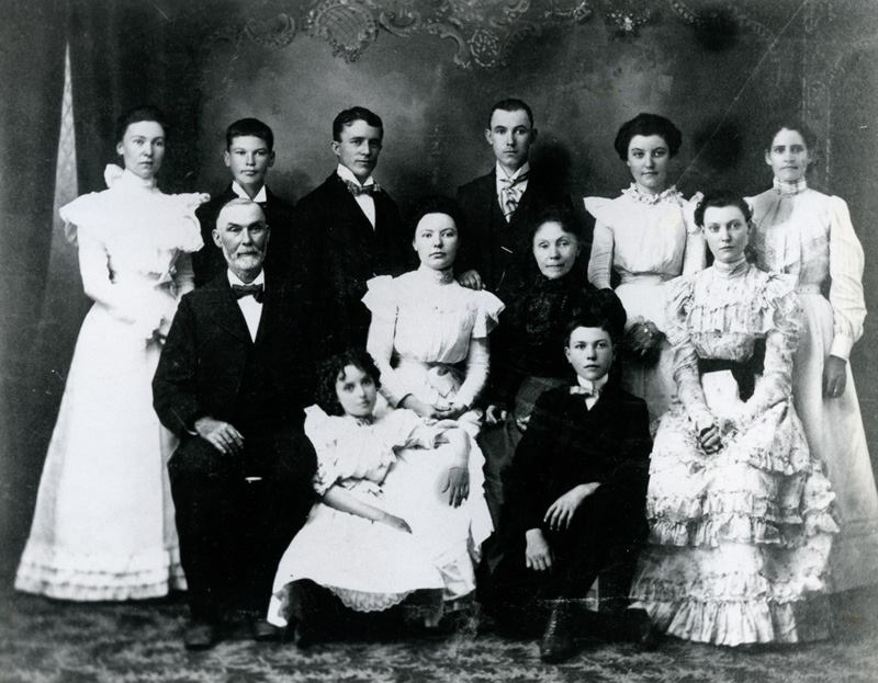 This is a photo from ~1900 of my (Anne Marie Reardon)  great-grandmother's family in Hanging Rock, Ohio. All are Hudsons, except one cousin, one friend from school, and the family's housekeeper, Margaret White (Maggie). Thought I would post, just in case there are any Hudson or White descendants out there who don't have this!  L-r, back row, Elizabeth (1870-1944), Richard (1883-1938), cousin Will Grace, Arthur (1874-1956), Anna (1881-1974), Maggie White (housekeeper); l-r middle, James (1844-1910), Florence (1880-1978 - my great-grandma, flanked by her parents), Mary Galvin Hudson (1844-1925), Eleanor (1877-196?); l-r, front, Mary Wall (Florence's friend from Visitation Academy in Maysville, KY), Thomas (1885-1968). *Some dates may be slightly off as handwriting on back is hard to read! 