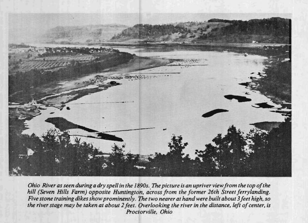 Ohio River as seen during a dry spell in the 1890's.  This picture is an upriver view from the top of the hill) Seven Hills Farm_ opposite Huntington, WV, across from the former 26th st ferry landing. 
