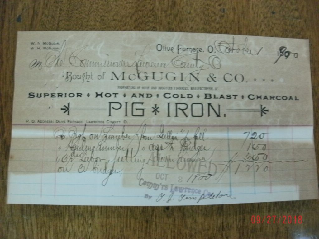 Olive Furnace  receipt for Pig Iron, bought from McGugin & Co., 1900 Photo Courtesy of Joe Miller 