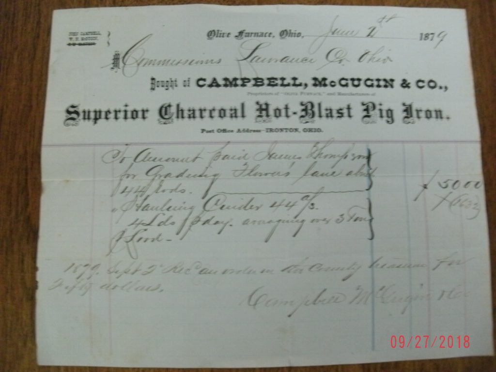 Olive Furnace  receipt for Pig Iron, bought from Campbell, McGugin & Co., 1879 Photo Courtesy of Joe Miller  