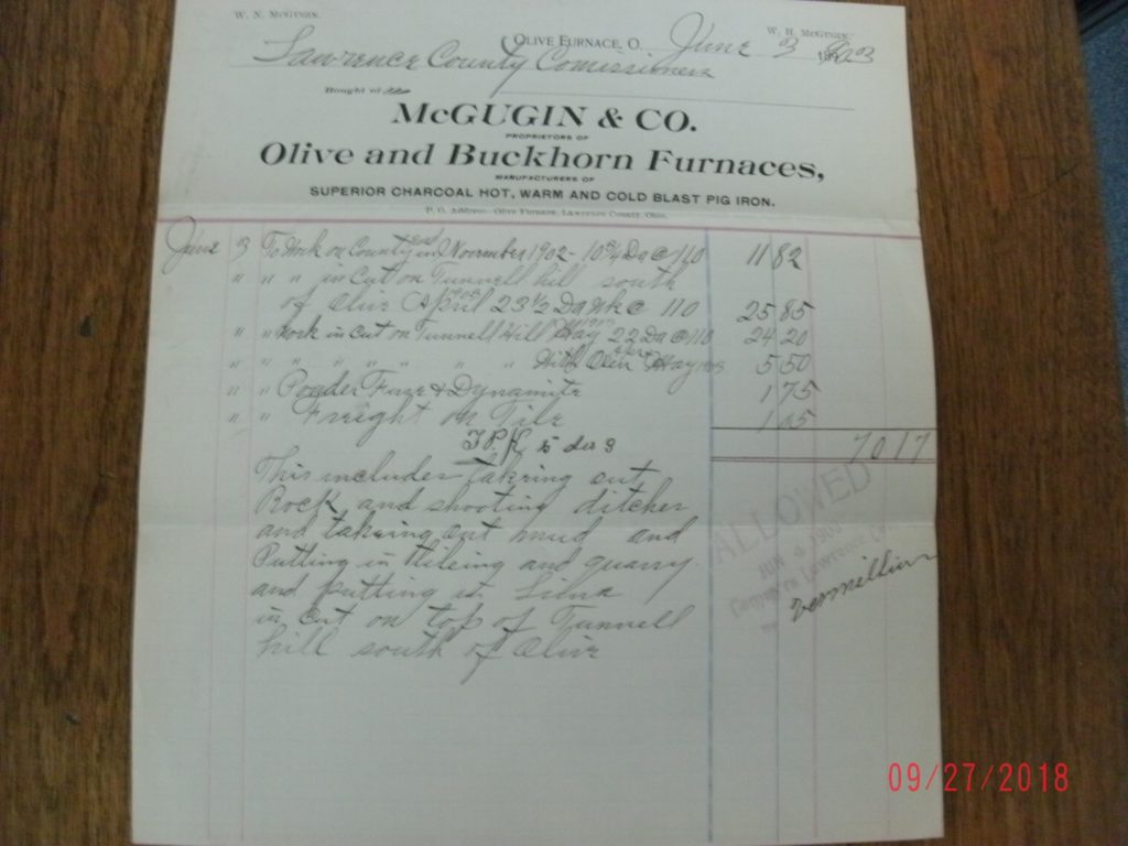  Olive and Buckhorn Furnaces  receipt for Pig Iron, bought from McGugin & Co. 1903 Photo Courtesy of Joe Miller  