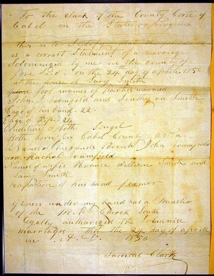 The Minister Return of the Marriage of John S. Brumfield and Cynthia Smith 24 April 1856 Cabell County, VA