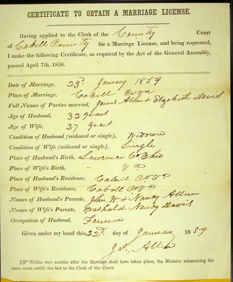 Marriage of James Allen and Elizabeth Davis 23 Jan 1859 Cabell County, WV