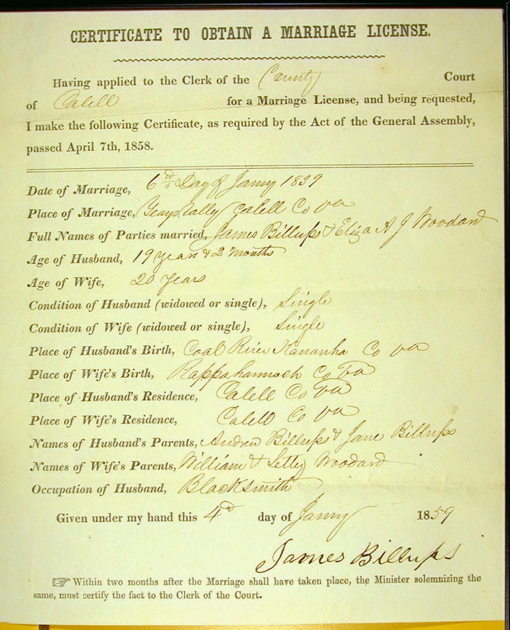 Marriage of James Billups and Elizabeth Woodard 6 Jan. 1859 Cabell County, WV
