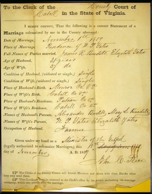 Marriage of James Burdett and Elizabeth Yates 1 Nov. 1859 Cabell County, WV