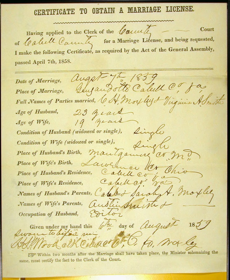 Marriage of C.H. Moxley and Virginia A. Smith 7 Aug. 1859 Cabell County, WV