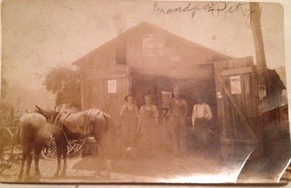 This is a picture of the blacksmith shop in Athalia, OH. My great-great grandfather Petry is second from left. Photo courtesy of  Jennifer Harber‎ posted on The Lawrence Register facebook group 2014