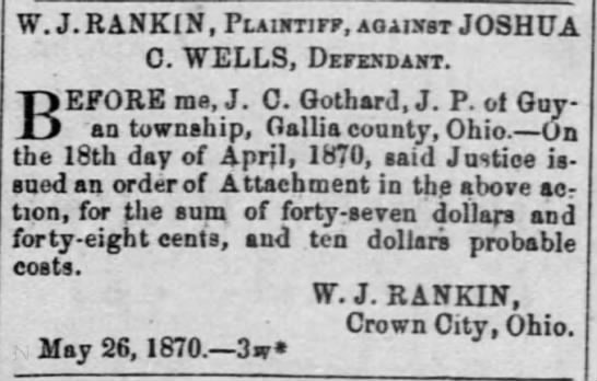W.J. Rankin, Crown City, Ohio 1870