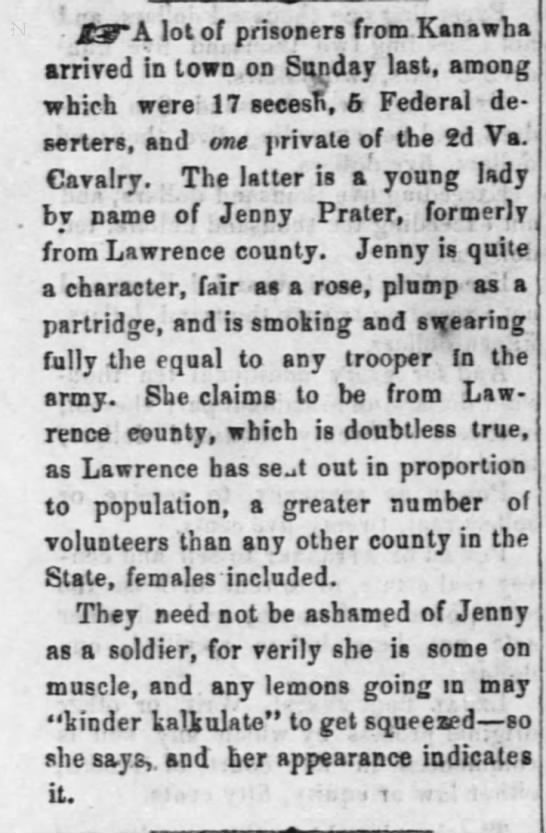 Jenny Prater female civil war veteran from Lawrence county, Ohio