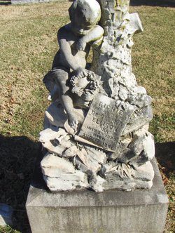 Tombstone of Richard Ellison, the two year old son of Dr. and Mrs. Ellison, who died in August, 1881.  The design has a rustic outline - rockery, stump and trailing vine - photo taken by C. Bruce on findagrave.com