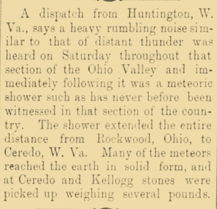 9 June 1889 Meteoric shower in Rockwood, Ohio