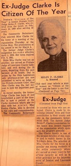 Ex-Judge from Lawrence County Ohio Helen P. Clarke is named Citizen of the Year  no source on newspaper clipping