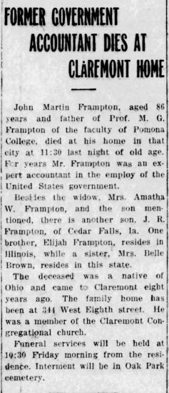 John Martin Frampton obituary from Pomona, California 23 March 1916