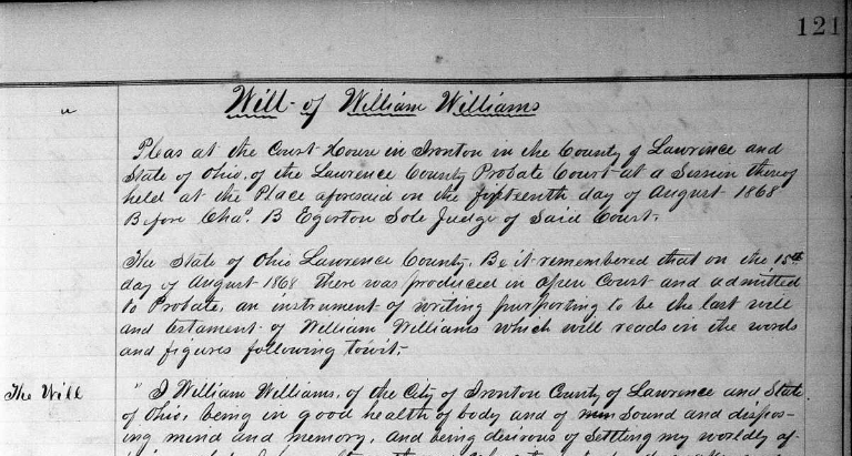 Will of William Williams in Lawrence County, Ohio