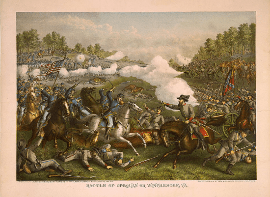 Kurz & Allison. Battle of Opequan or Winchester, Va.--Sept. 19' --Union: Gen. Sheridan ... Conf. Gen. Early<br /> . Photograph. Retrieved from the Library of Congress, <www.loc.gov/item/91481549/>.