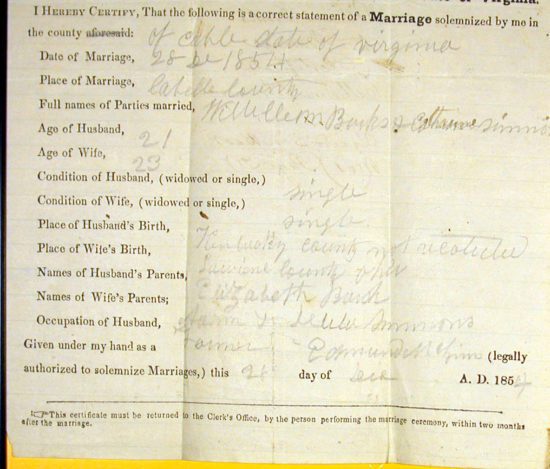  William Burks & Catherine Simmons  Marriage in Cabell County, WV 1854