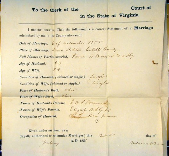 Marriage of James H. Brown and F. Abby 6 Dec. 1855 Cabell County WV