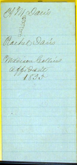 Affidavit Madison Collins 1855 for A. M. Davis and Rachel Davis Marriage