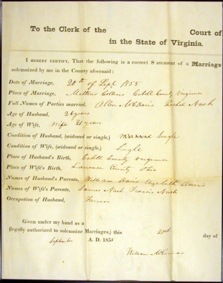 Marriage Allen Davis and Rachel Nash  Cabell County, WV 1855