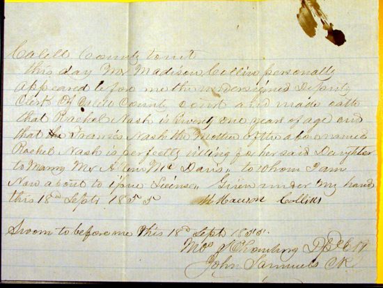 Affidavit Madison Collins 1855 for A. M. Davis and Rachel Davis Marriage Cabell County, WV