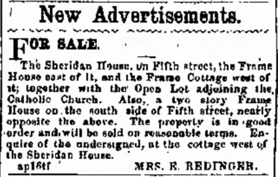 Portsmouth Daily Times, Portsmouth, Ohio 16 April 1870 Sheridan House in Ironton, Ohio for sale