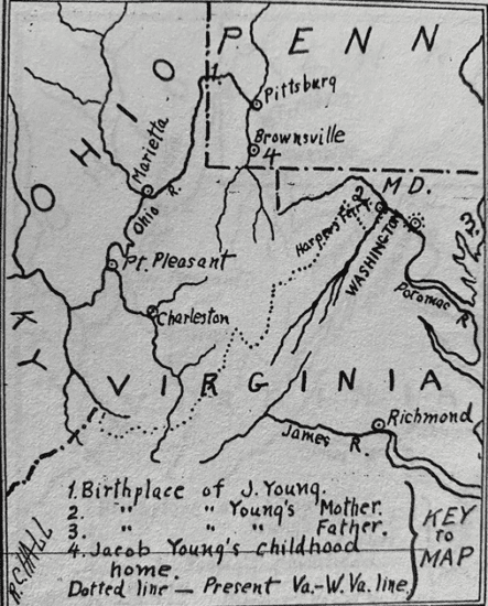 Map of the life of Jacob Young, drawn by R. C. Hall 