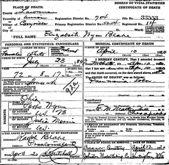 Death Certificate of Elizabeth Winn Blake, Lawrence County, Ohio 1920