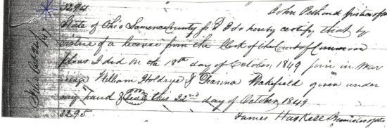 Lawrence County, Ohio marriage of William Holdrye to Dianna Wakefield October 22, 1849.