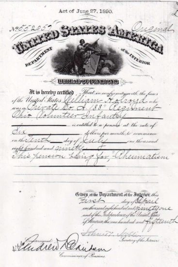 William Holroyd Declaration for His Pension from his Service During in the Civil War