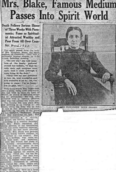 Mrs. Elizabeth Blake Famous Medium Passes Into Spirit World April 1920