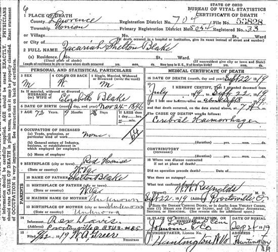 Zacariah Shelton Blake death certificate Lawrence County, Ohio
