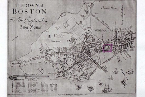 Boston, Mass map showing the marked area where Wakefield's property was located.