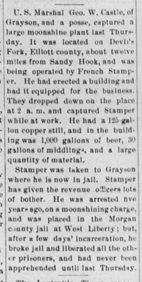 French or Frank Stamper Moonshine still Grayson, Kentucky Big Sandy News, Louisa, Kentucky 10 April 1903, page 2