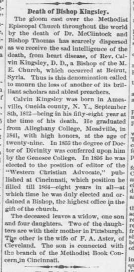  Bishop Kingsley Obituary Western Reserve Chronicle, Warren, Ohio 13 Apr 1870 page 2