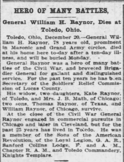 The Cincinnati Enquirer, Cincinnati, Ohio 21 Dec 1912, Page 3 The obituary of Wm H. Raynor
