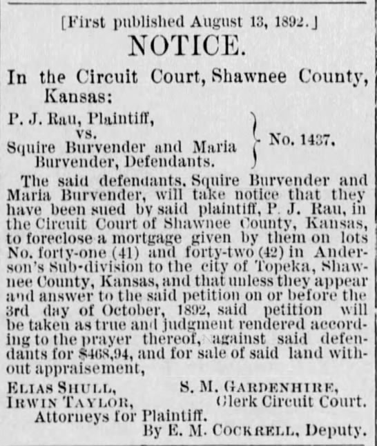 Squire Brvender Topeka Republican 10 Sept. 1892