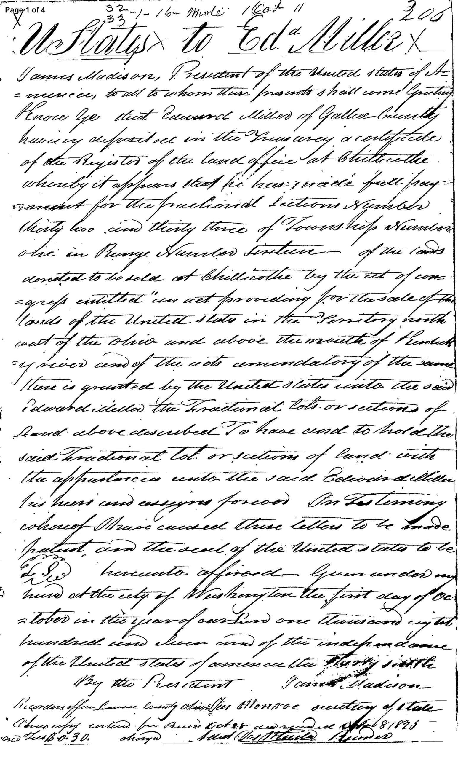 Edward Miller Land Patent Deed Book 4, page 307-310 Lawrence County, Ohio