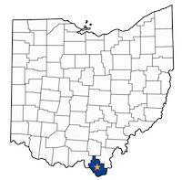 White map outlining counties of Ohio with Lawrence County, Ohio in navy blue with a gold star.